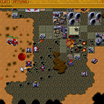 Intense warfare in Harkonnen Devastator's desert battlefield scene.