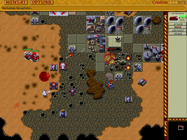 Intense warfare in Harkonnen Devastator's desert battlefield scene.