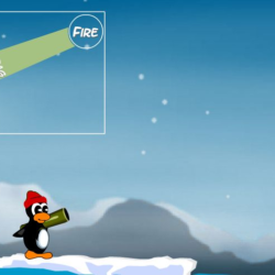 Pine penguin with snow background and game controls for fire and drag.