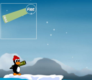 Pine penguin with snow background and game controls for fire and drag.