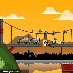Explosive bridge demolition game with trucks and dinosaurs, challenging puzzle for players.