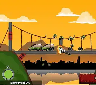 Explosive bridge demolition game with trucks and dinosaurs, challenging puzzle for players.