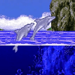 Animated dolphins jumping out of water scene.