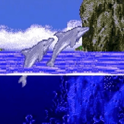 Animated dolphins jumping out of water scene.