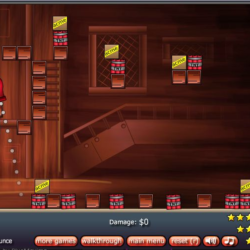 Bright girl bouncing on a red balloon amid falling blocks in a fun arcade game.