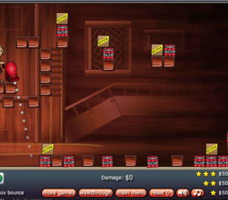 Bright girl bouncing on a red balloon amid falling blocks in a fun arcade game.