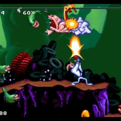 Cartoon-style shooter game scene with a mouse and flying enemies.