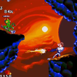 Alien creature chasing hero in a fiery sunset setting, classic arcade game action.