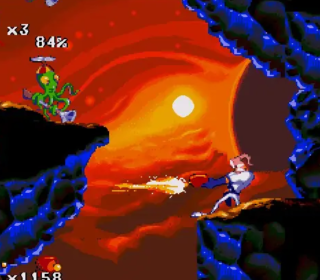Alien creature chasing hero in a fiery sunset setting, classic arcade game action.
