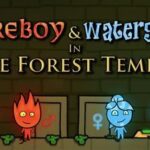 Colorful Fireboy and Watergirl characters in The Forest Temple game scene.