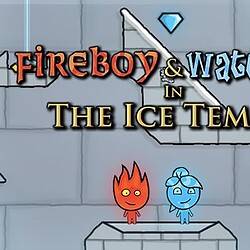 Colorful Fireboy and Watergirl characters in the Ice Temple game scene.