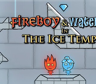 Colorful Fireboy and Watergirl characters in the Ice Temple game scene.