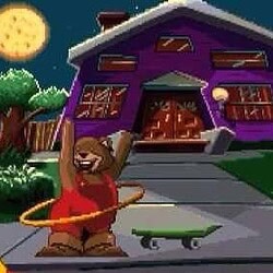 Colorful animated house scene with a bear playing with a hula hoop at night.