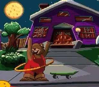 Colorful animated house scene with a bear playing with a hula hoop at night.