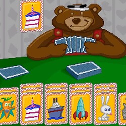 Colorful digital image of a classic card game featuring a teddy bear with playing cards, vibrant card designs, and playful theme.