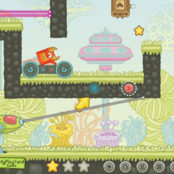 Orange cat on a car in a colorful, whimsical game world.