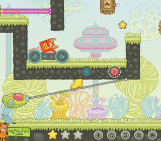 Orange cat on a car in a colorful, whimsical game world.