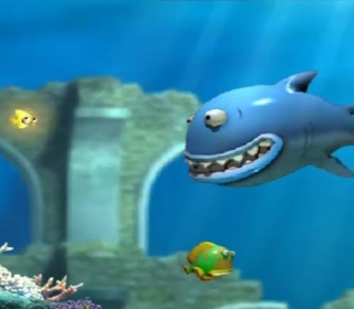 Colorful underwater game scene with cartoon fish characters and a large shark illustration.