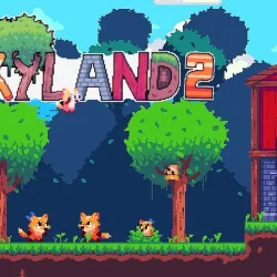 Colorful pixel art of a woodland scene with fox characters and a wooden house.