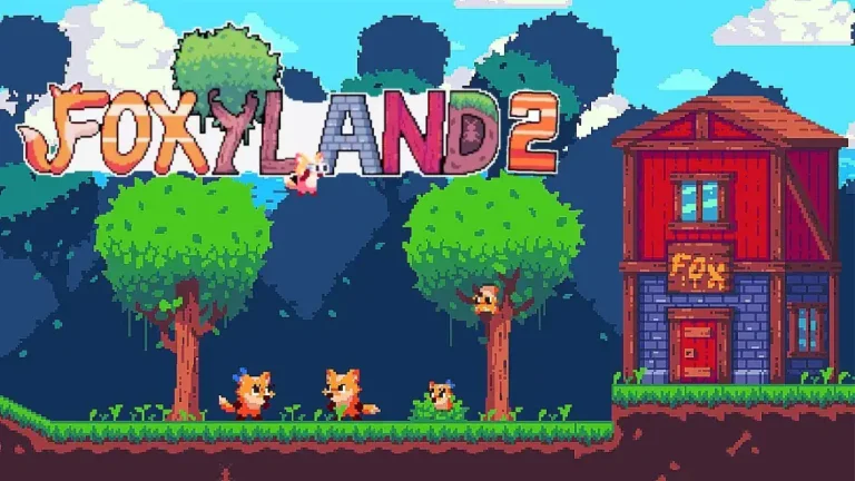 Colorful pixel art of FoxLand 2 game scene with animals, trees, and a red house.