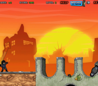 Alt text: Action-packed ninja battle scene with enemy ninja and explosions at sunset.