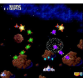 Classic arcade space shooter game with colorful aliens and asteroid battles.