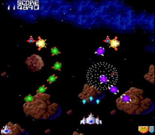 Classic arcade space shooter game with colorful aliens and asteroid battles.