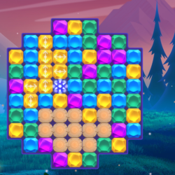 Bright colorful match-3 puzzle game with gems and wood tiles, outdoor mountain landscape background.