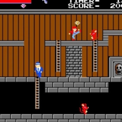 Platformer video game scene with characters navigating ladders and stairs.