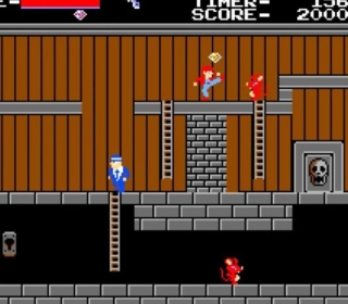 Jumping character in pixel art style arcade game, retro platformer gameplay.