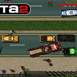 Explosive GTA 2 police chase game with cars and weapons in an urban environment.