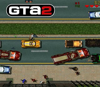 Explosive GTA 2 police chase game with cars and weapons in an urban environment.