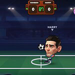 Fantasy soccer penalty shootout game with animated players and soccer ball.