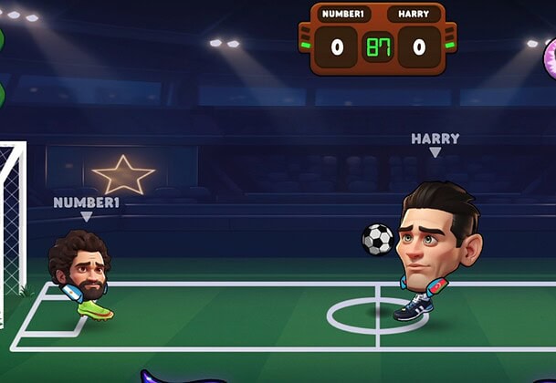 Fantasy soccer penalty shootout game with animated players and soccer ball.