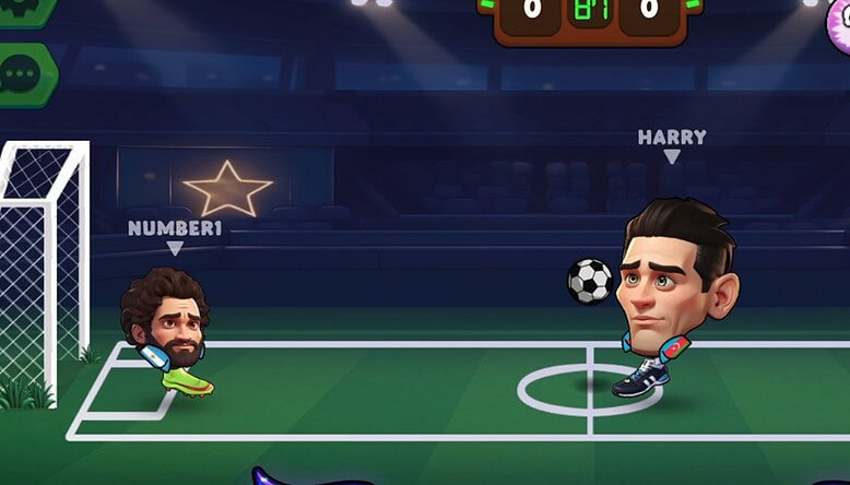 Fantasy soccer penalty shootout game with animated players and soccer ball.
