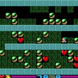 Green bubble maze game with heart targets and a character with an umbrella.