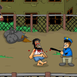 Zombie Brawl game action with cartoon zombies fighting cops in gritty urban setting.