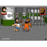 Zombie Street Fight game screenshot with cartoon-style characters and jail cell background.