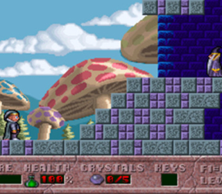 Colorful retro platformer game with mushrooms and treasure.