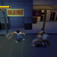 A street fight scene with characters battling outside a storefront.