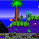 Lemmy's World gameplay showing a colorful forest scene with a dinosaur character shooting fire.