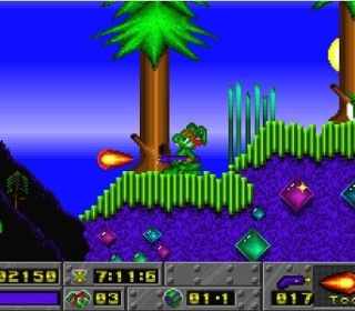 Lemmy's World gameplay showing a colorful forest scene with a dinosaur character shooting fire.