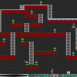 2D pixel art platformer game scene with ladders, green mushrooms, and a character with a rocket launcher.