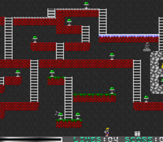 2D pixel art platformer game scene with ladders, green mushrooms, and a character with a rocket launcher.