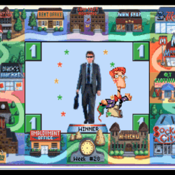 Pixel art game illustration of a man and a cartoon character celebrating victory.