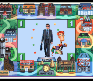 Pixel art game illustration of a man and a cartoon character celebrating victory.