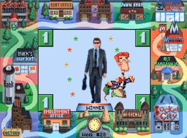 Pixel art game illustration of a man and a cartoon character celebrating victory.