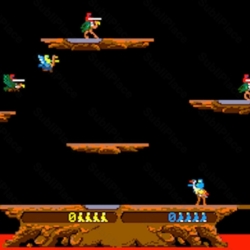 Pixelated dinosaur and pterodactyl characters in a volcanic game setting.