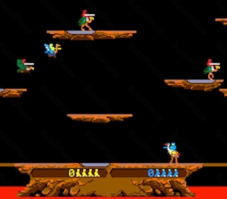 Pixelated dinosaur and pterodactyl characters in a volcanic game setting.