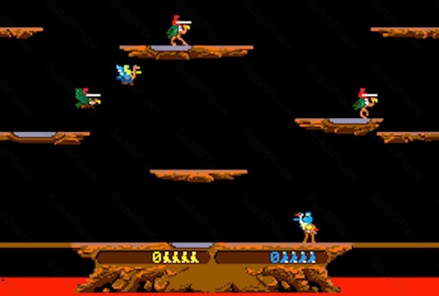 Pixelated dinosaur and pterodactyl characters in a volcanic game setting.